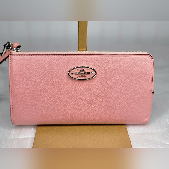 Coach L Zip Pink & Silver Wallet Pebble Leather with Wristlet Strap - Picture 1 of 11